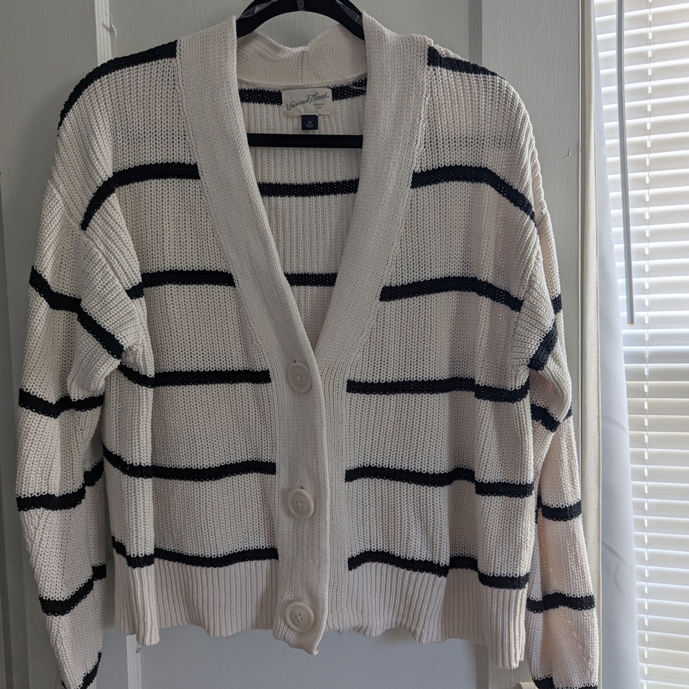 Universal Thread Women's Cardigan Sweater - Black and Cream Stripes
